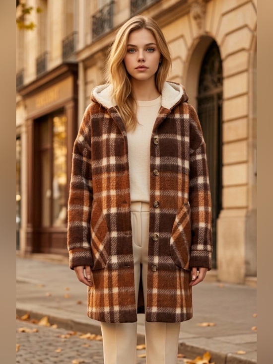 RD Style Jackets & Blazers - RD Style Plaid Hooded Coat in Brown, Cream & Tan R1